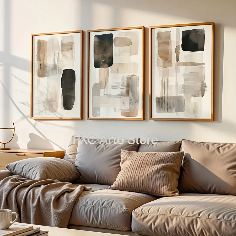 Photography Geometry - 3PC フレームレス ブラック ベージュ シンプルな幾何学模様のキャンバス印刷 ニュートラル